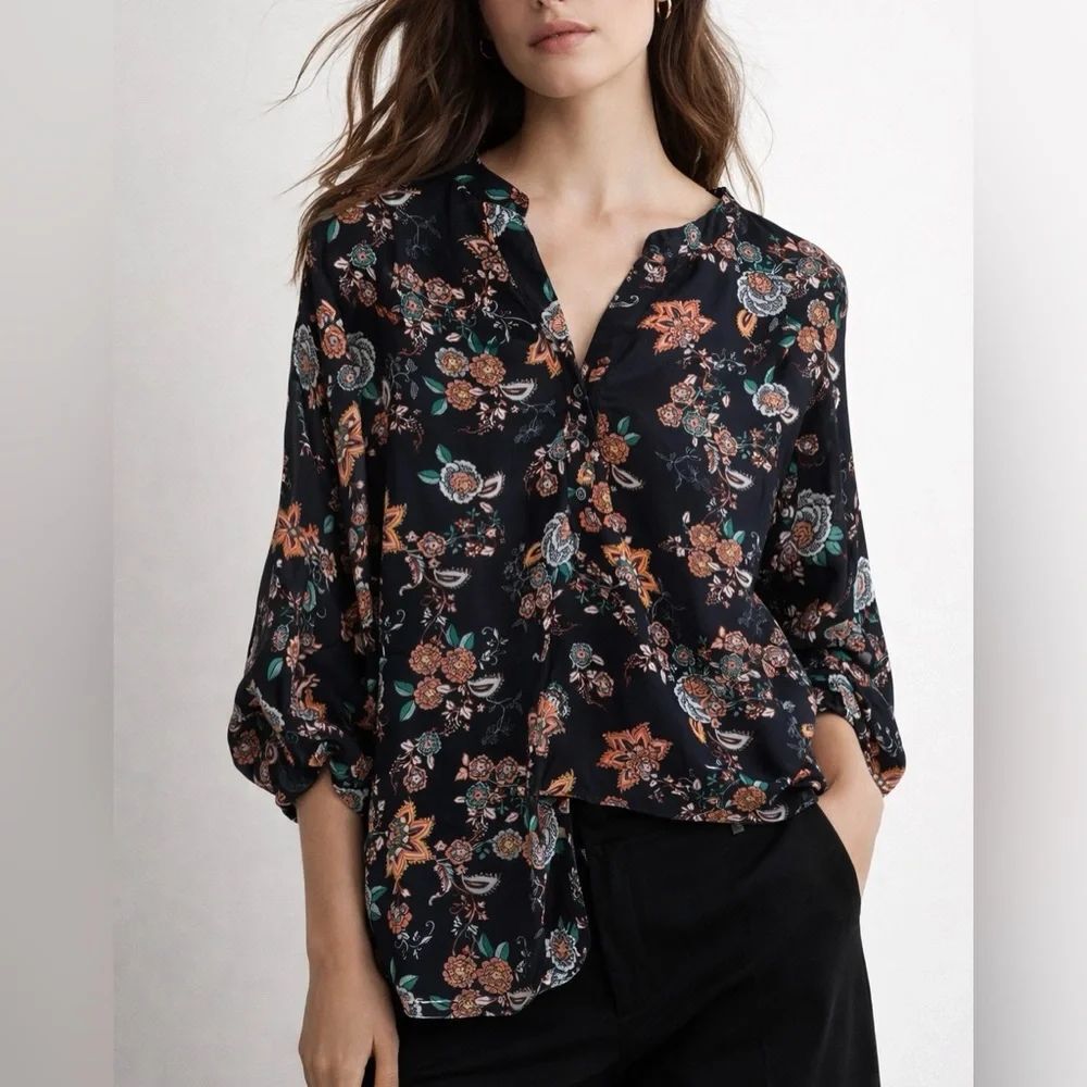 Zac Rachel Floral Boho Blouse Women 1X Navy Blue Long Sleeve V-Neck Tunic Top